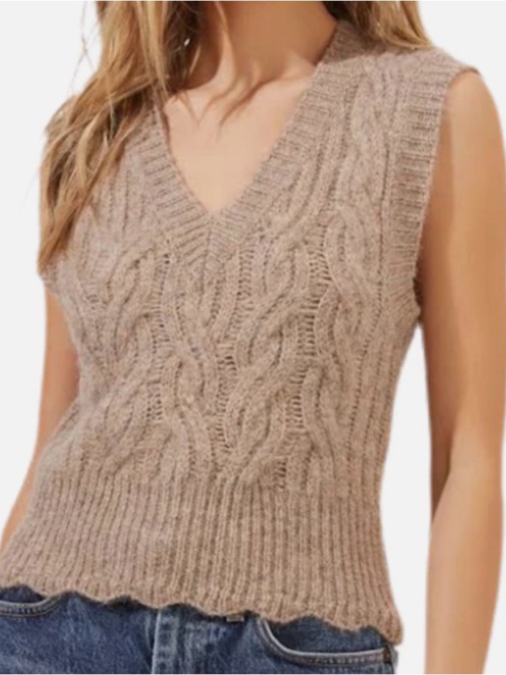 Astr Cable Knit V-Neck Sleeveless Sweater Vest - Taupe